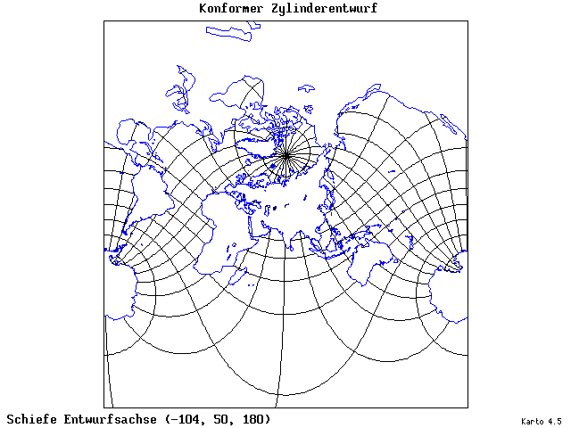 Mercator's Cylindrical Conformal Projection - 105°W, 50°N, 180° - wide