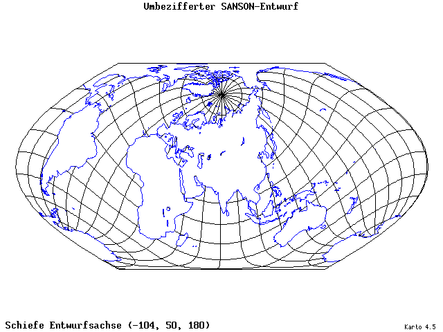 Sanson's Projection (modified) - 105°W, 50°N, 180° - wide