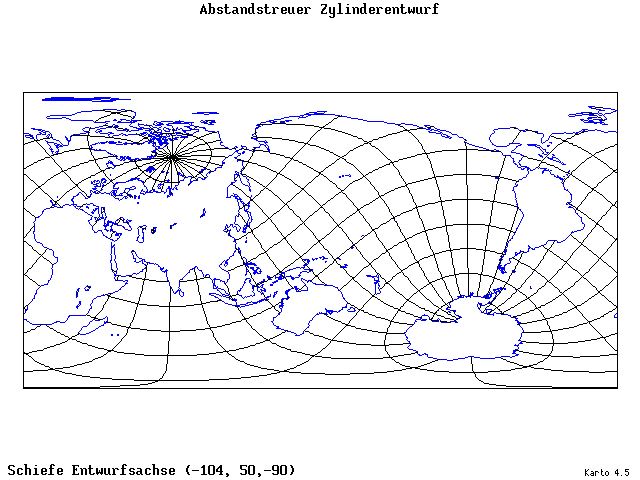 Cylindrical Equidistant Projection - 105°W, 50°N, 270° - wide