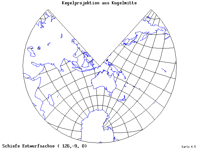 Conical Gnomonic Projection - 126°E, 9°S, 0° - standard