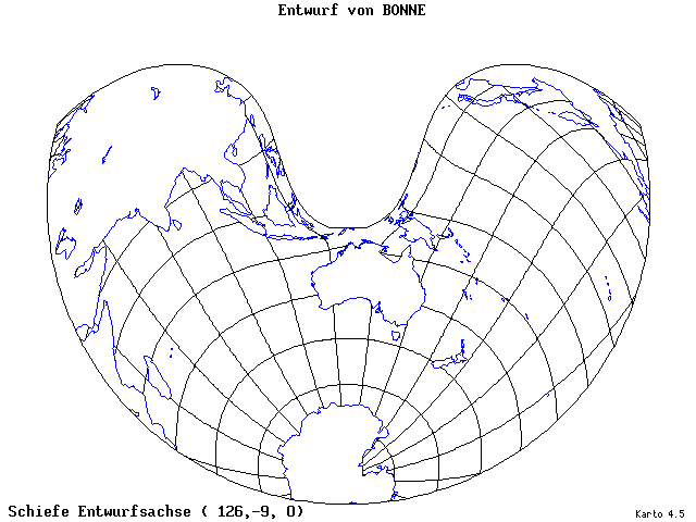 Bonne's Projection - 126°E, 9°S, 0° - standard