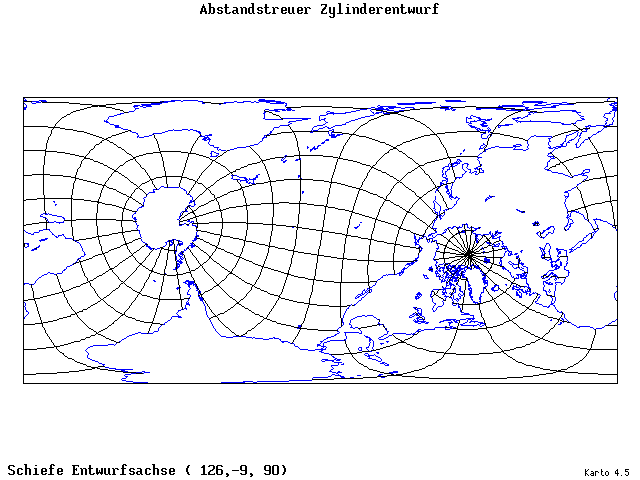 Cylindrical Equidistant Projection - 126°E, 9°S, 90° - standard