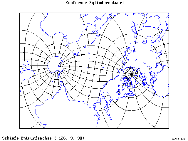 Mercator's Cylindrical Conformal Projection - 126°E, 9°S, 90° - standard