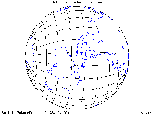 Orthographic Projection - 126°E, 9°S, 90° - standard