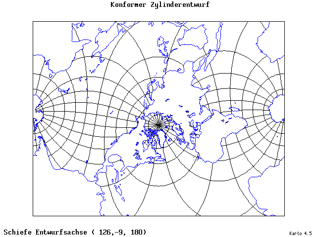 Mercator's Cylindrical Conformal Projection - 126°E, 9°S, 180° - standard