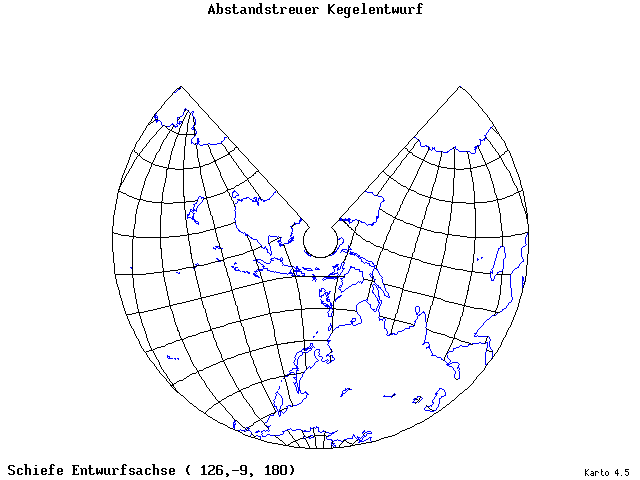 Conical Equidistant Projection - 126°E, 9°S, 180° - standard