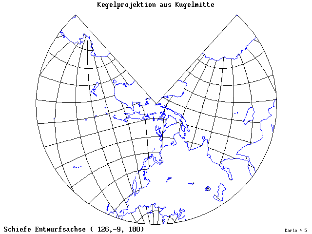 Conical Gnomonic Projection - 126°E, 9°S, 180° - standard