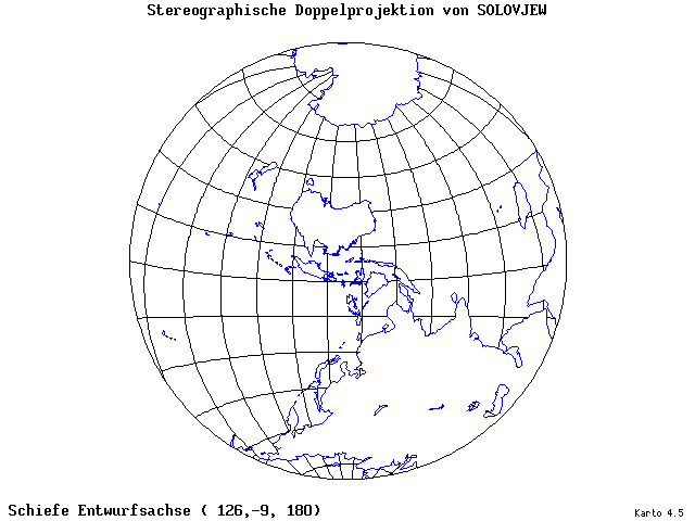 Solovjev's Double-Stereographic Projection - 126°E, 9°S, 180° - standard