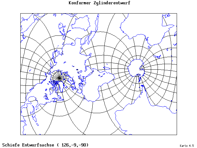 Mercator's Cylindrical Conformal Projection - 126°E, 9°S, 270° - standard