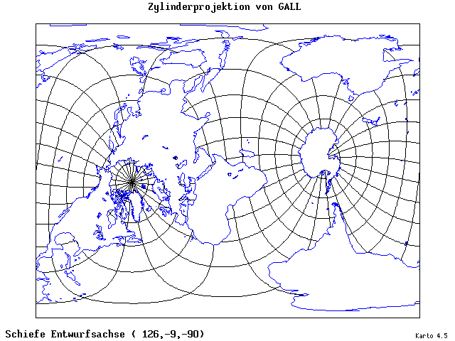 Gall's Cylindrical Projection - 126°E, 9°S, 270° - standard