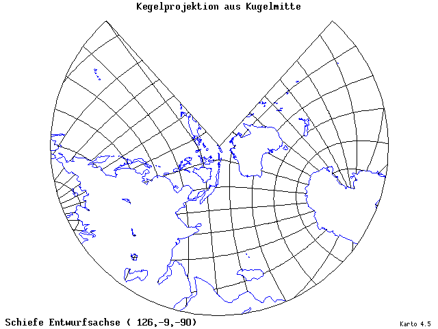 Conical Gnomonic Projection - 126°E, 9°S, 270° - standard