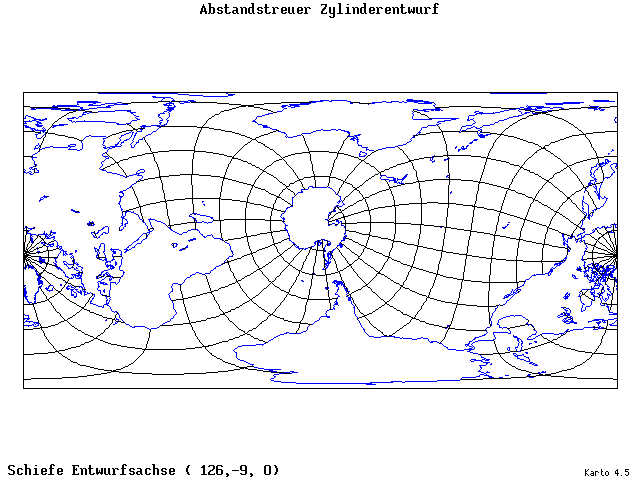 Cylindrical Equidistant Projection - 126°E, 9°S, 0° - wide
