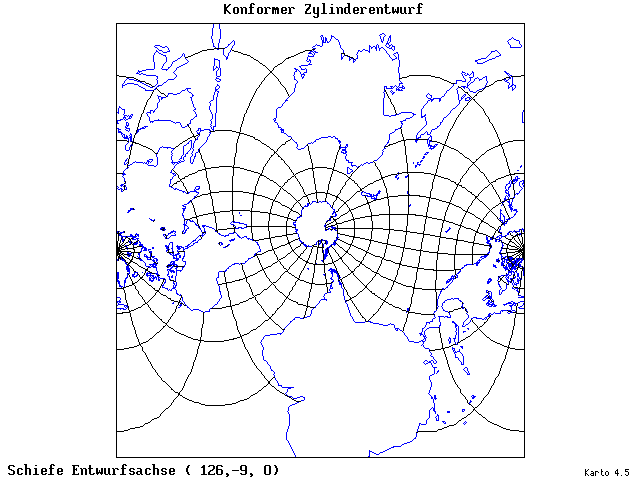 Mercator's Cylindrical Conformal Projection - 126°E, 9°S, 0° - wide