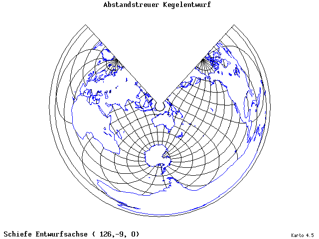Conical Equidistant Projection - 126°E, 9°S, 0° - wide