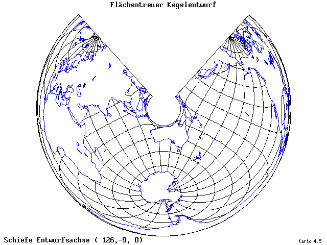 Conical Equal-Area Projection - 126°E, 9°S, 0° - wide