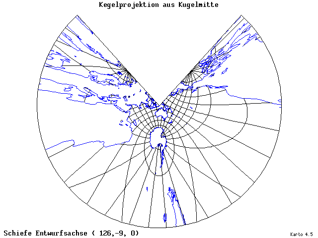Conical Gnomonic Projection - 126°E, 9°S, 0° - wide