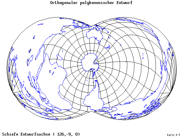 Polyconic Projection (orthogonal grid) - 126°E, 9°S, 0° - wide