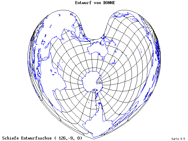 Bonne's Projection - 126°E, 9°S, 0° - wide