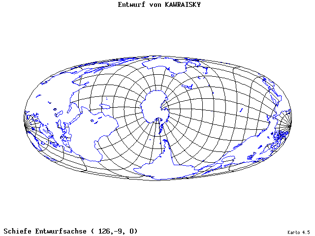 Kavraisky's Projection - 126°E, 9°S, 0° - wide