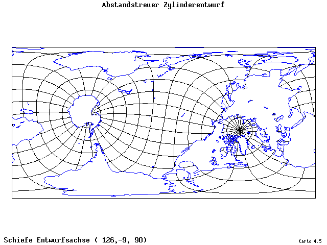 Cylindrical Equidistant Projection - 126°E, 9°S, 90° - wide