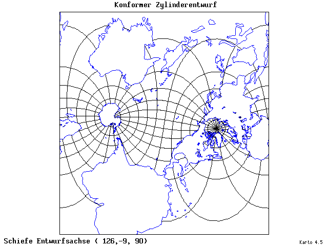 Mercator's Cylindrical Conformal Projection - 126°E, 9°S, 90° - wide