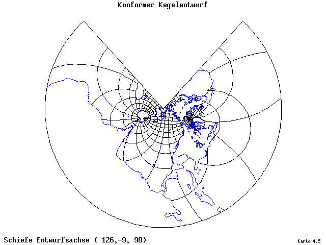 Conical Conformal Projection - 126°E, 9°S, 90° - wide