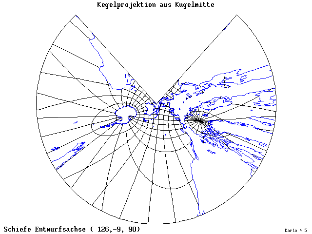 Conical Gnomonic Projection - 126°E, 9°S, 90° - wide