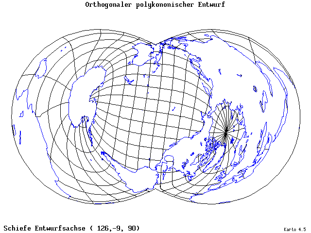 Polyconic Projection (orthogonal grid) - 126°E, 9°S, 90° - wide