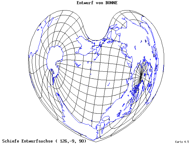 Bonne's Projection - 126°E, 9°S, 90° - wide