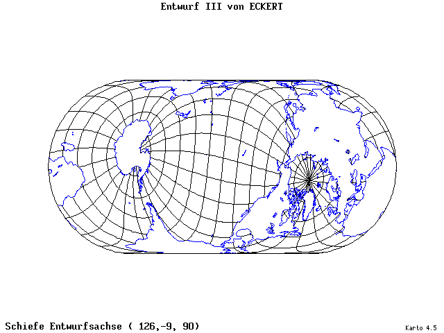 Pseudocylindrical Projection (Eckhart III) - 126°E, 9°S, 90° - wide