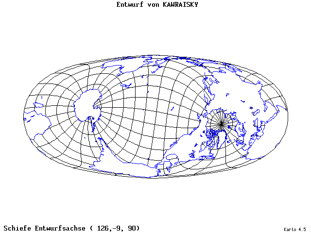Kavraisky's Projection - 126°E, 9°S, 90° - wide