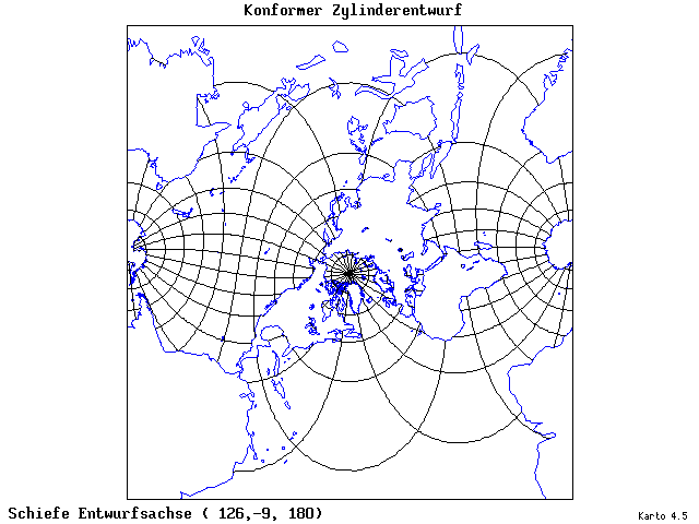 Mercator's Cylindrical Conformal Projection - 126°E, 9°S, 180° - wide