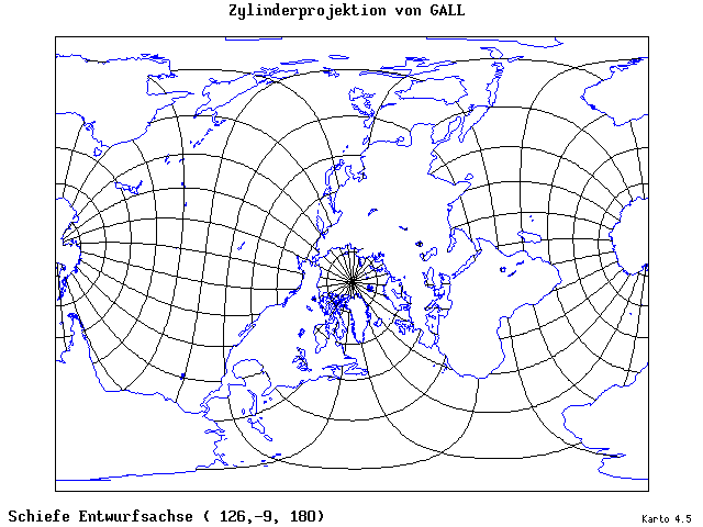 Gall's Cylindrical Projection - 126°E, 9°S, 180° - wide