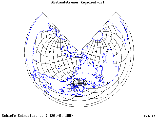 Conical Equidistant Projection - 126°E, 9°S, 180° - wide