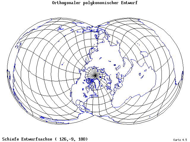 Polyconic Projection (orthogonal grid) - 126°E, 9°S, 180° - wide