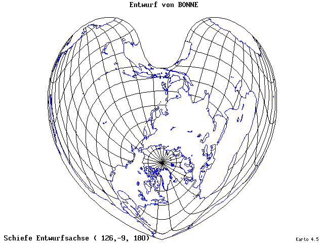 Bonne's Projection - 126°E, 9°S, 180° - wide