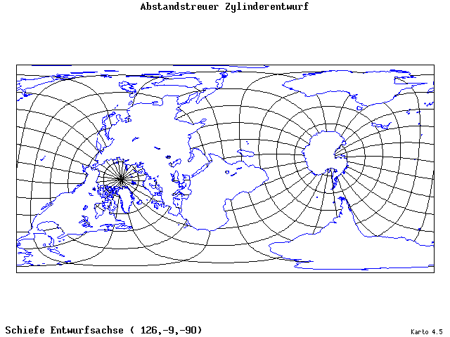 Cylindrical Equidistant Projection - 126°E, 9°S, 270° - wide