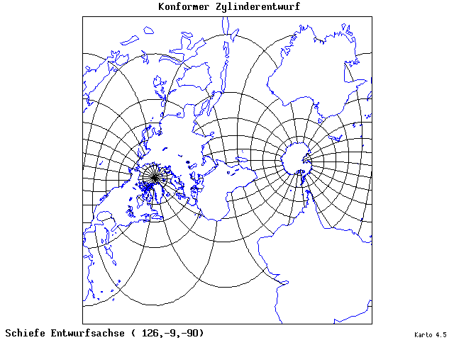 Mercator's Cylindrical Conformal Projection - 126°E, 9°S, 270° - wide