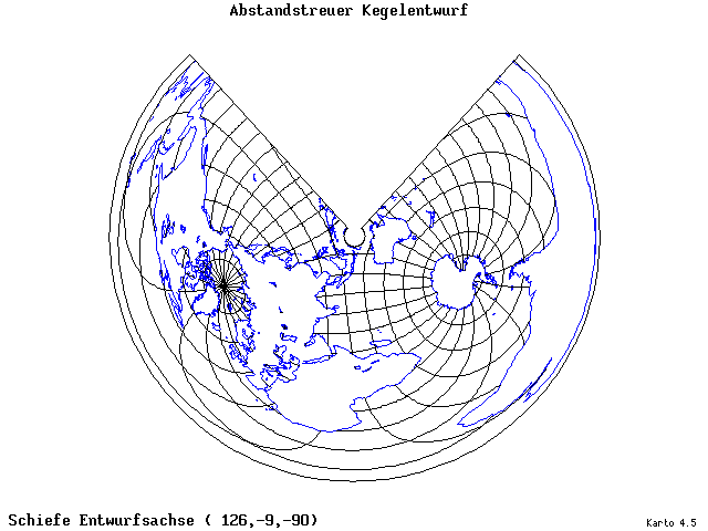 Conical Equidistant Projection - 126°E, 9°S, 270° - wide