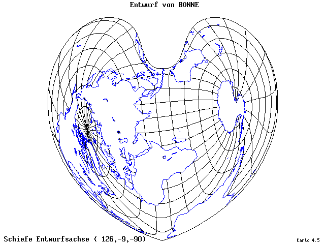Bonne's Projection - 126°E, 9°S, 270° - wide
