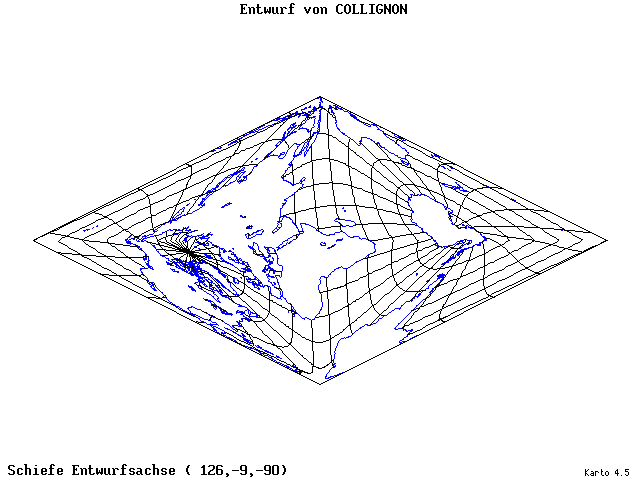 Collignon's Projection - 126°E, 9°S, 270° - wide