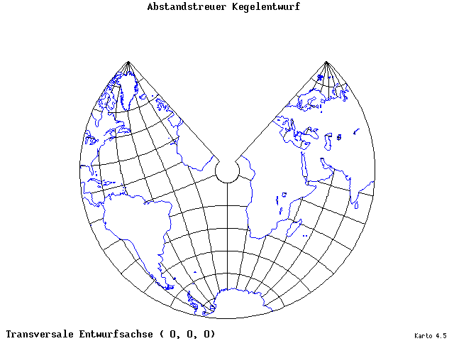 Conical Equidistant Projection - 0°E, 0°N, 0° - standard