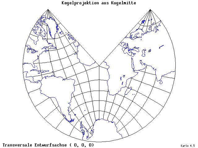 Conical Gnomonic Projection - 0°E, 0°N, 0° - standard