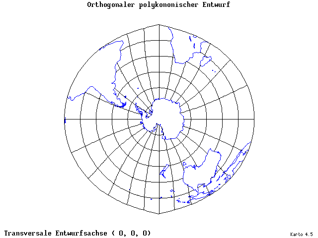 Polyconic Projection (orthogonal grid) - 0°E, 0°N, 0° - standard