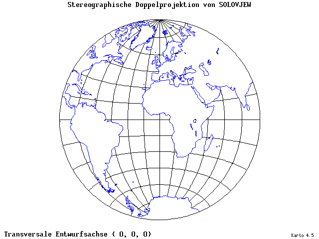 Solovjev's Double-Stereographic Projection - 0°E, 0°N, 0° - standard