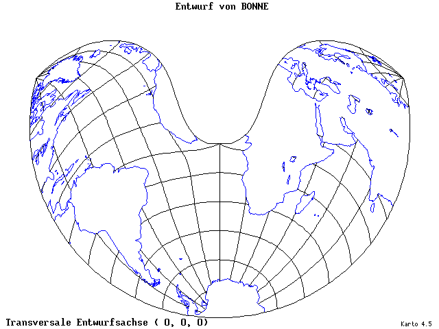 Bonne's Projection - 0°E, 0°N, 0° - standard