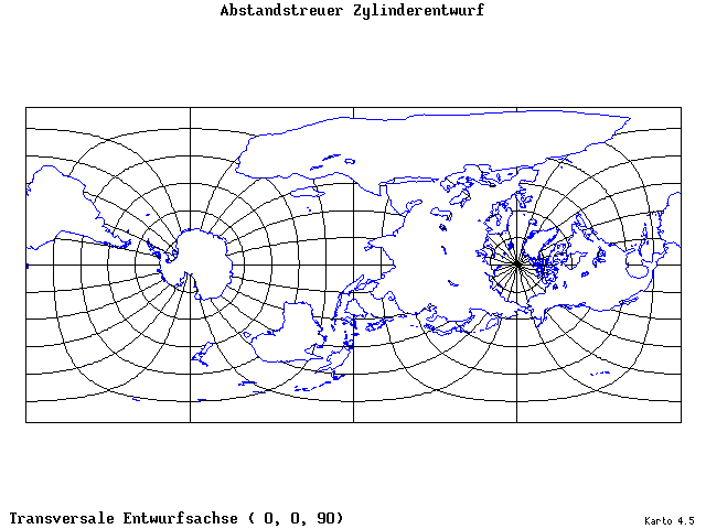 Cylindrical Equidistant Projection - 0°E, 0°N, 90° - standard