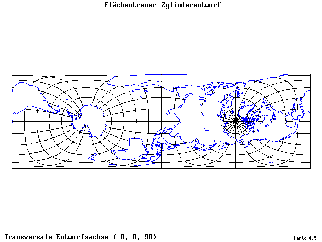 Cylindrical Equal-Area Projection - 0°E, 0°N, 90° - standard