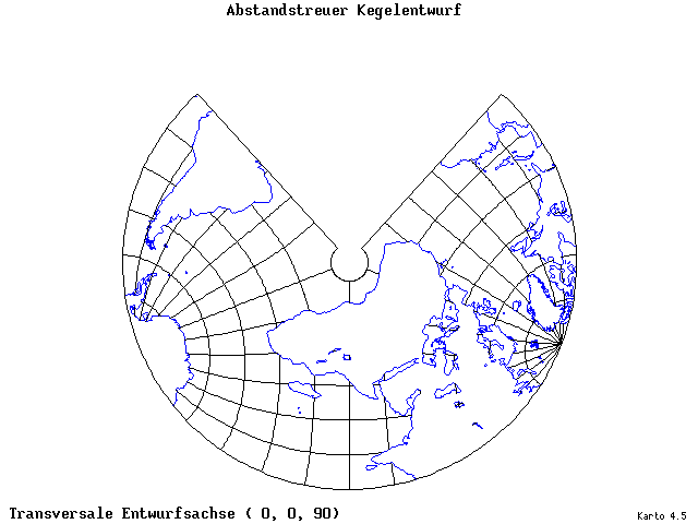 Conical Equidistant Projection - 0°E, 0°N, 90° - standard