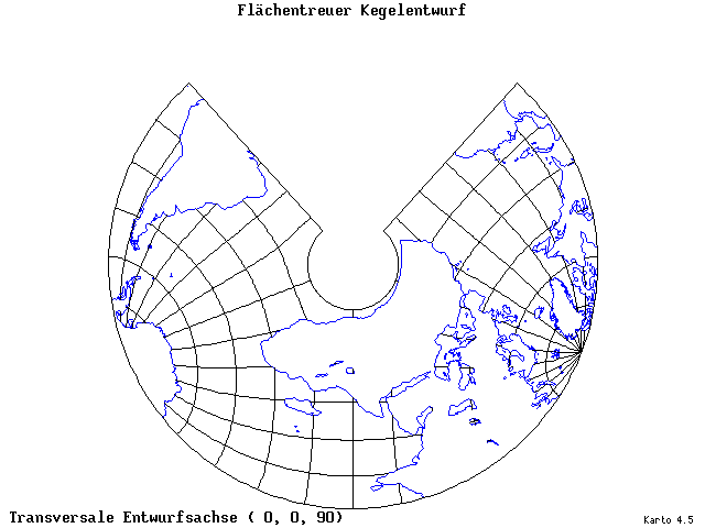 Conical Equal-Area Projection - 0°E, 0°N, 90° - standard